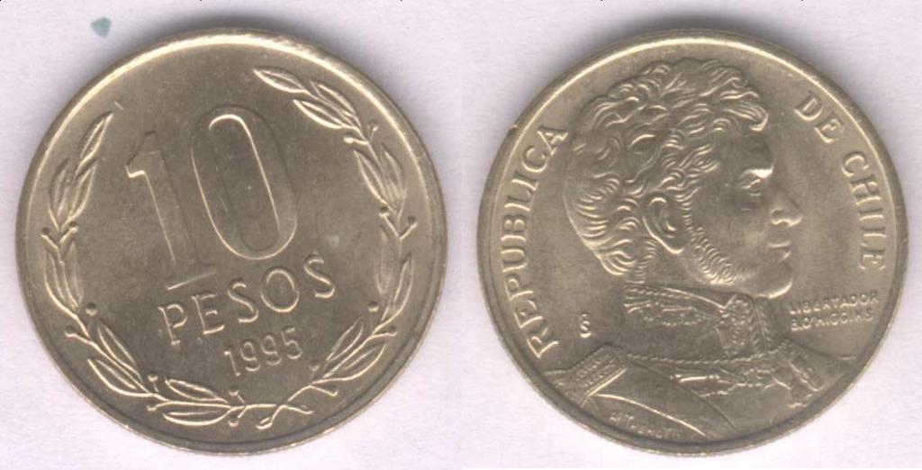 Монета Чили 10 песо 1995 г. XF+