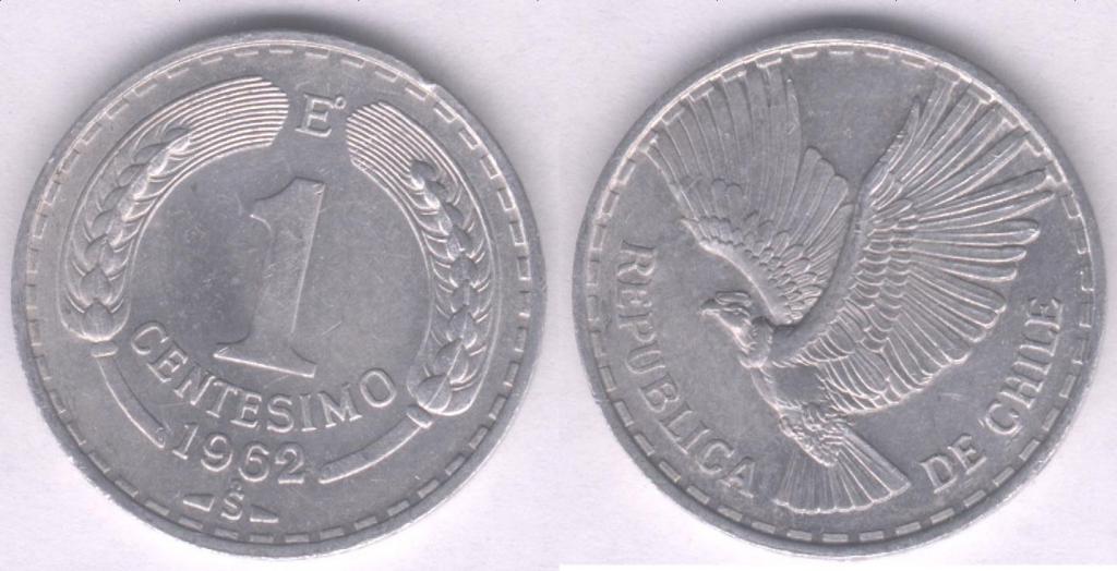 Монета Чили 1 сентесимо 1962 г. XF, алюминий (2)