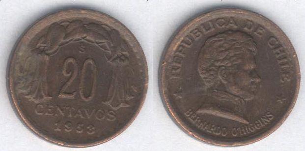 Монета Чили 20 сентаво 1953 г. XF