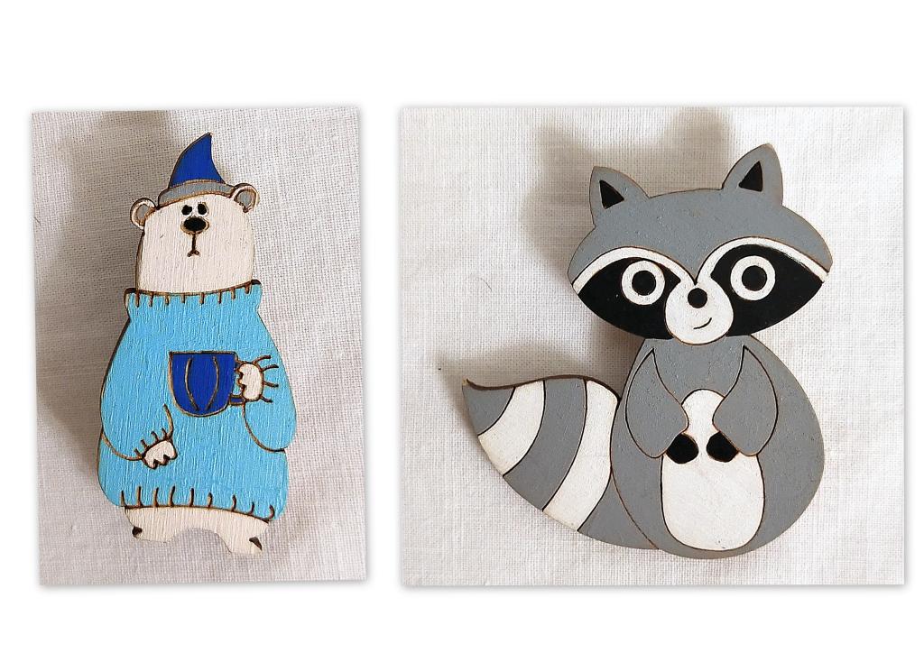 ВСЯКАЯ ВСЯЧИНА   БРОШЬ-ЗНАЧОК 2 шт. МЕДВЕДЬ и ЕНОТ    HAPPY DI   (83 )