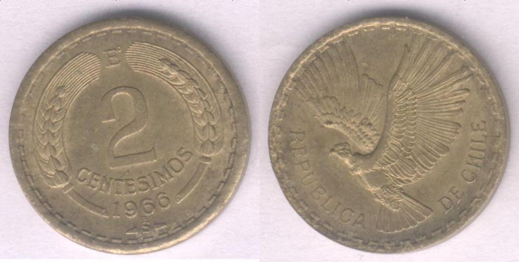 Монета Чили 2 сентесимо 1966 г. XF