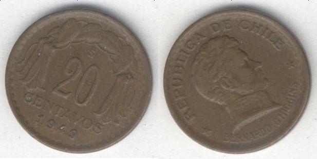 Монета Чили 20 сентаво 1949 г. VF