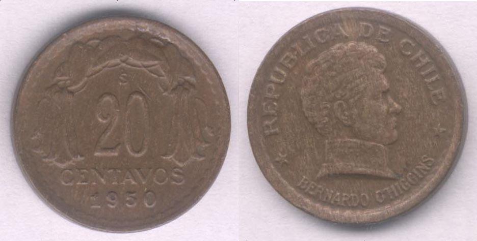 Монета Чили 20 сентаво 1950 г. VF