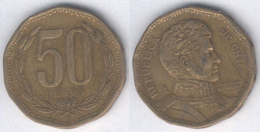 Монета Чили 50 песо 1997 г. VF