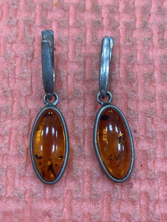 Серьги серебро янтарь проба 925 позолота 5,51 гр