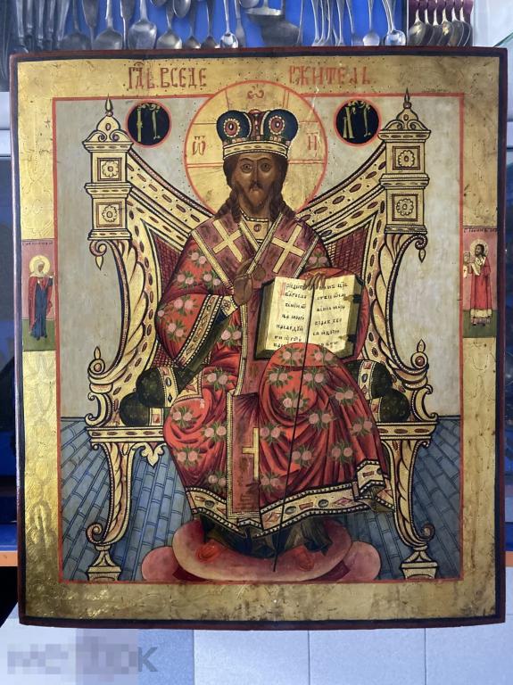 Икона большая старая спас на троне 53х46 см толщина 39 мм
