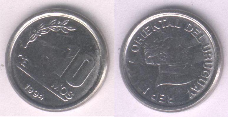 Монета Уругвай 10 сентесимо 1994 г. XF+, непрочекан
