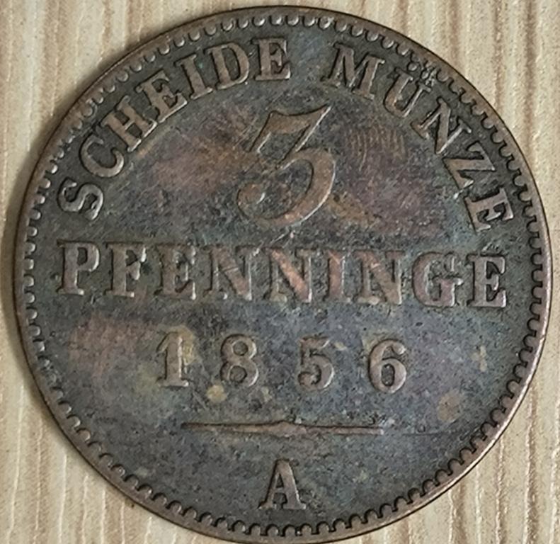 Германия, Пруссия 3 пфеннига 1856 г. А (А). VF. Оригинал!!!!