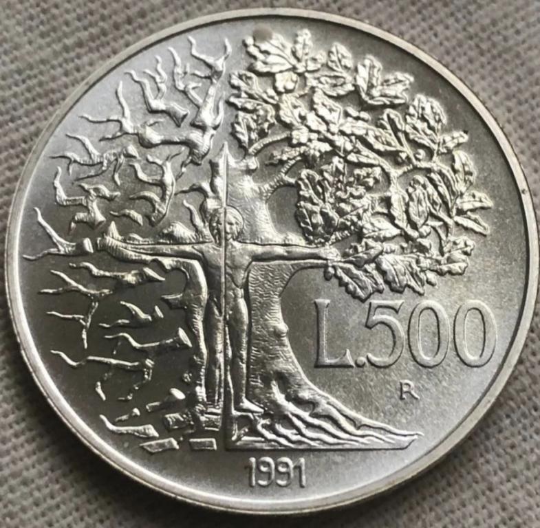 Италия 500 лир 1991 г. Флора и фауна. Серебро. Оригинал!!! UNC