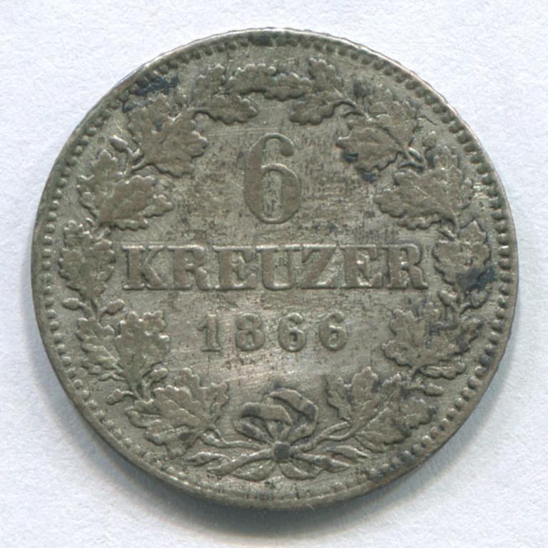 ГЕРМАНИЯ/БАВАРИЯ 6 КРЕЙЦЕРОВ 1866 VF
