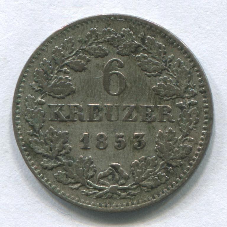 ГЕРМАНИЯ/БАВАРИЯ 6 КРЕЙЦЕРОВ 1853 VF