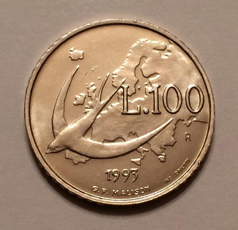 САН-МАРИНО 100 ЛИР 1993 ПТИЦЫ ЛАСТОЧКА XF+/UNC (2)
