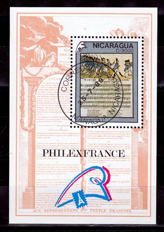 Марки Никарагуа 1989 г. 200-летие Французской революции МИ блок № 187  Блок Милитария