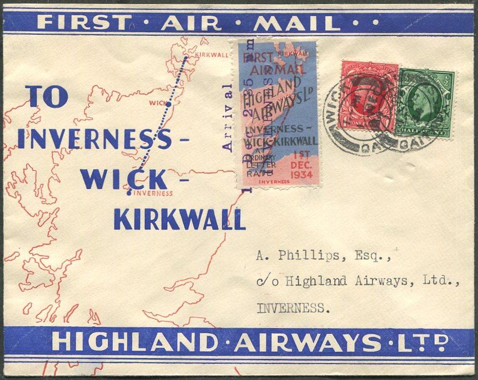 Шотландия 1934 АВИАПОЧТА шт. WICK CAITHNESS Highland Airways ВИНЬЕТКА первый полет Уик ⇒ Инвернесс