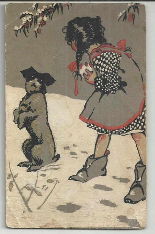 антикварная. ДЕВОЧКА С СОБАКОЙ. живопись.  изд.ТРЕУГОЛЬНИК. ПЕТРОГРАД.  Кадулин.. юмор
