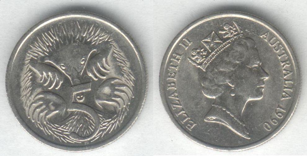 Монета Австралия 5 центов 1990 г. XF+
