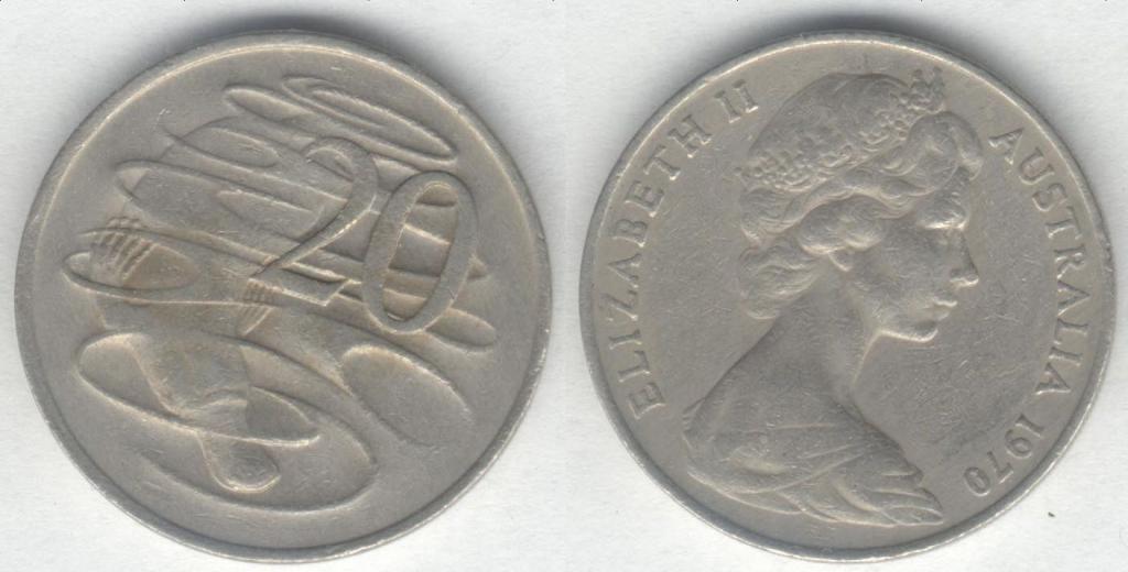 Монета Австралия 20 центов 1970 г. VF-