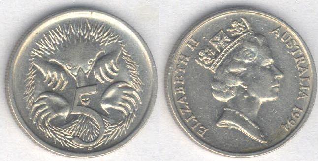 Монета Австралия 5 центов 1994 г. XF