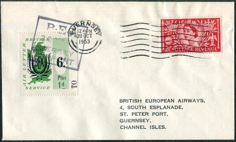 Великобритания 1953 частная АВИАПОЧТА British European Airways BEA ндп первый полет Джерси ⇒ Гернси