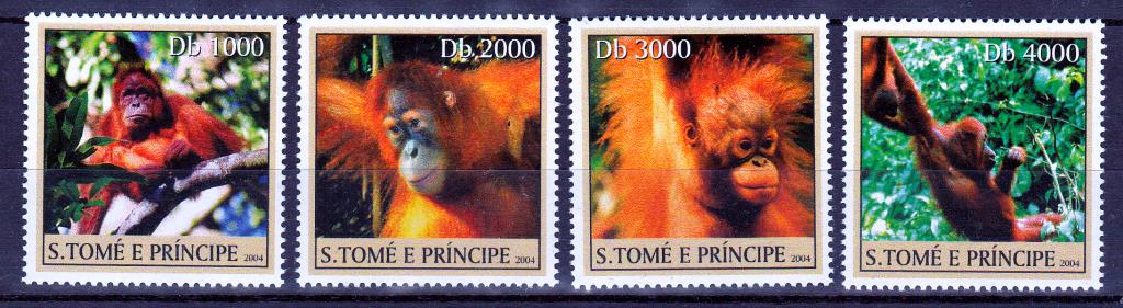 Марки Сан Томе и Принсипи 2004 г. Орангутанги MNH ** Фауна Обезьяны