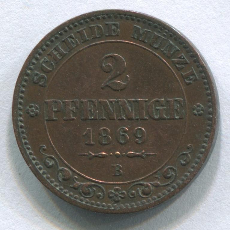 ГЕРМАНИЯ/САКСОНИЯ 2 ПФЕННИГА 1869 XF