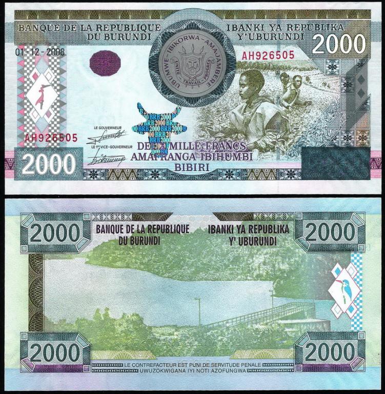 Бурунди 2000 франков 2008 год. UNC