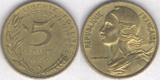 Монета Франция 5 сантимов 1979 г. XF