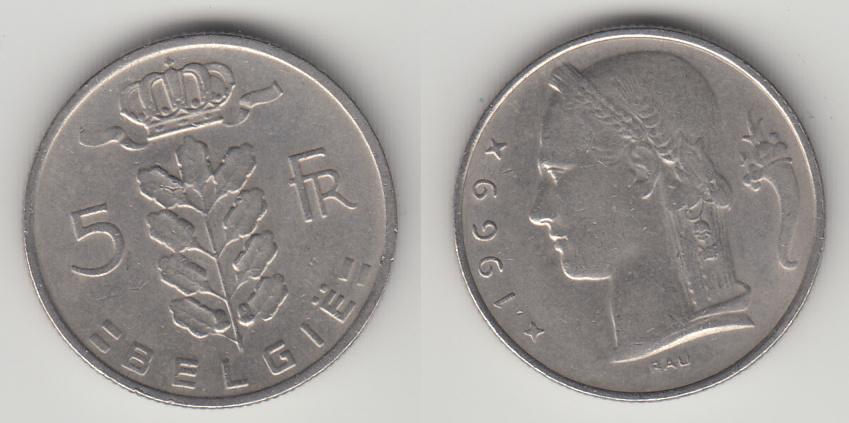 Бельгия 5 франков 1969 Belgie М