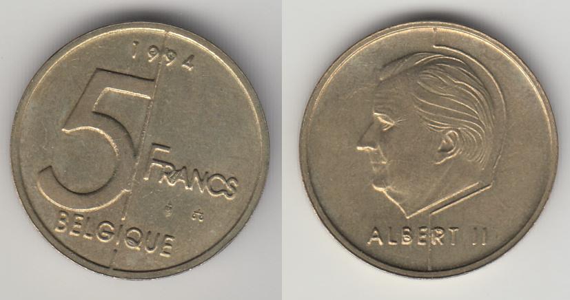Бельгия 5 франков 1994 Belgique М