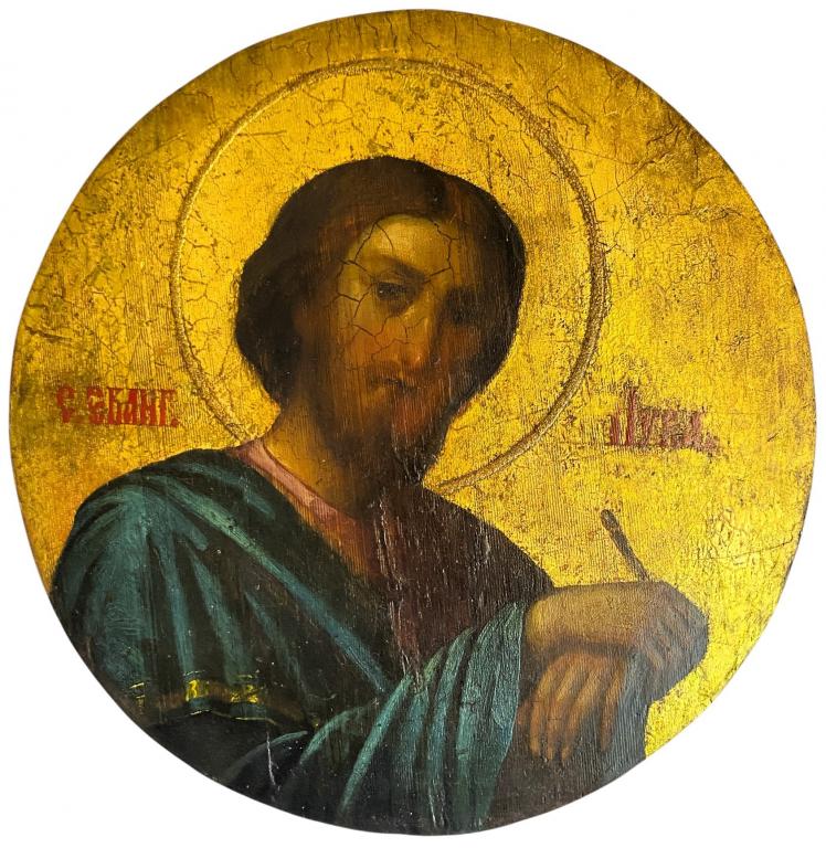 Антикварная Старинная Икона Святой Апостол Лука покровитель врачей 19 век Тондо