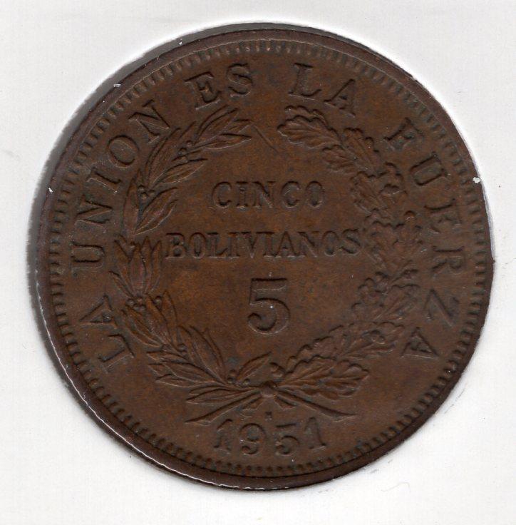 5 боливиано - Боливия - 1951 - KM#185
