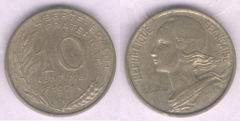 Монета Франция 10 сантимов 1971 г. XF