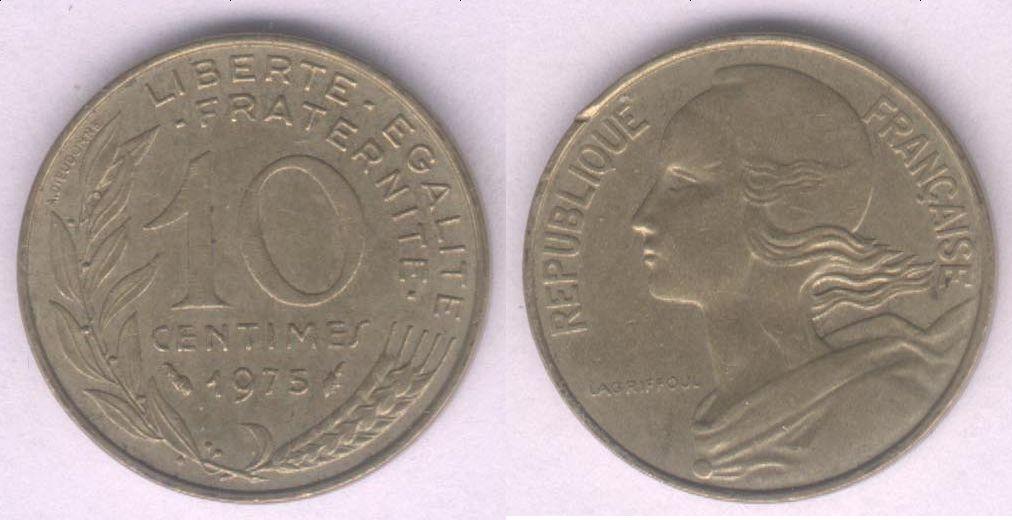 Монета Франция 10 сантимов 1975 г. VF