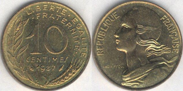 Монета Франция 10 сантимов 1987 г. XF+