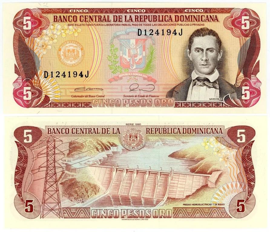 Доминикана 5 песо 1990