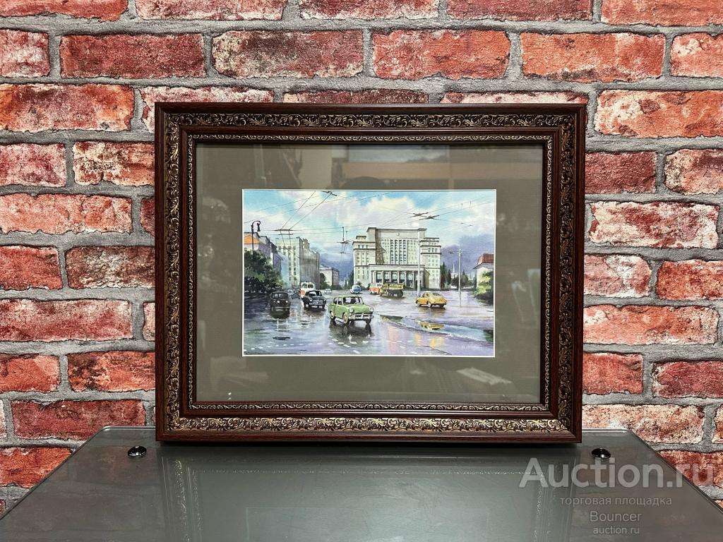 Картина "Городской пейзаж". Акварель, бумага, стекло. Подпись художника. 2025 год