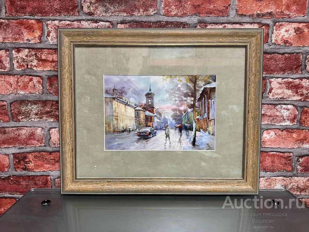 Картина "Городской пейзаж". Акварель, бумага, стекло, деревянная рама. Подпись художника. 2020 год
