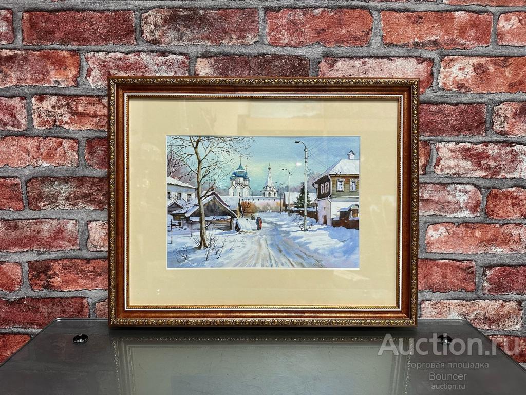 Картина "Дорога к храму". Акварель, бумага, стекло. Подпись художника. 2025 год