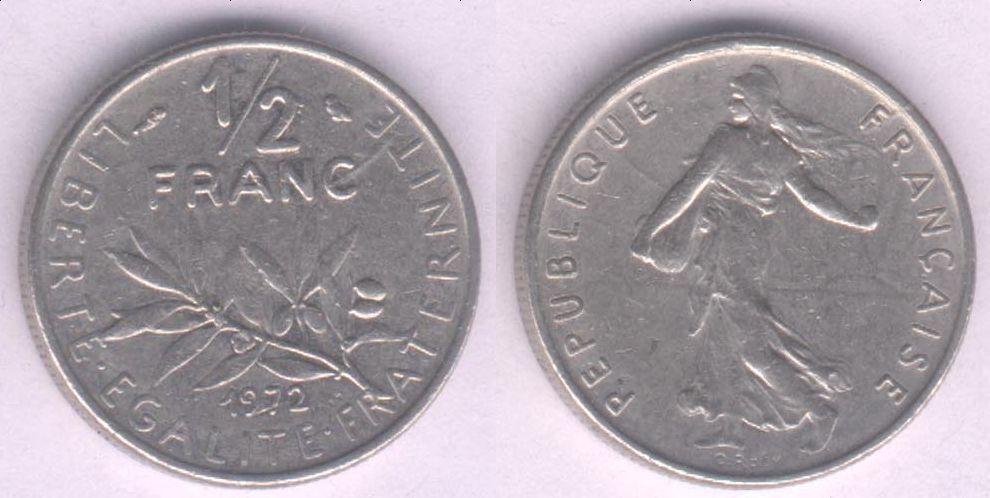 Монета Франция 1/2 франка 1972 г. VF