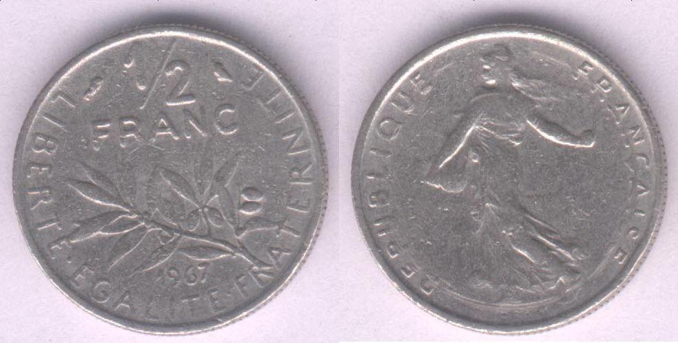 Монета Франция 1/2 франка 1967 г. VF