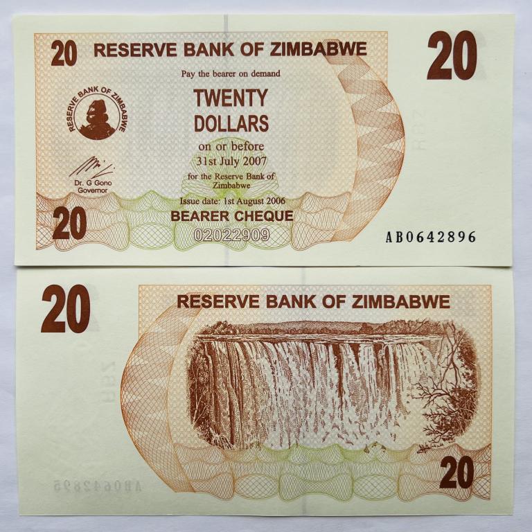 ЗИМБАБВЕ 20 ДОЛЛАРОВ 2006 ГОД UNC
