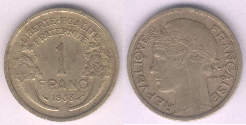 Монета Франция 1 франк 1938 г. VF