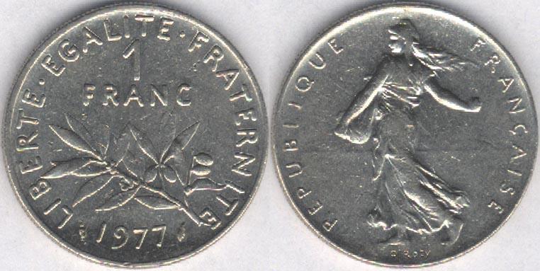 Монета Франция 1 франк 1977 г. VF (1)