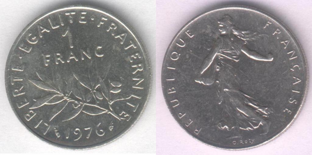Монета Франция 1 франк 1976 г. XF (2)