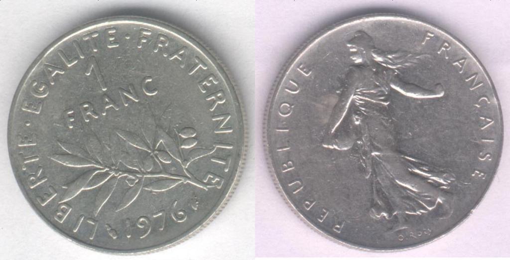 Монета Франция 1 франк 1976 г. VF (1)