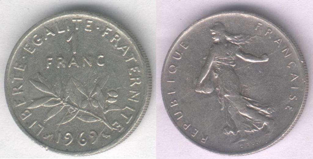 Монета Франция 1 франк 1969 г. VF