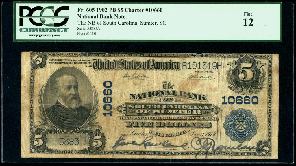 США. Национальный банк в Самтер, Южная Каролина. 5 долларов 1902 г. Редкий штат!