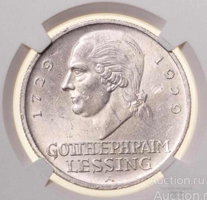 Веймар 3 марки 1929 Лессинг слаб MS 63