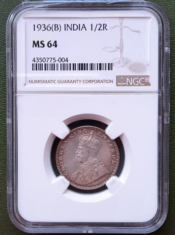 1/2 рупии 1936 B, Индия, слаб NGC MS64