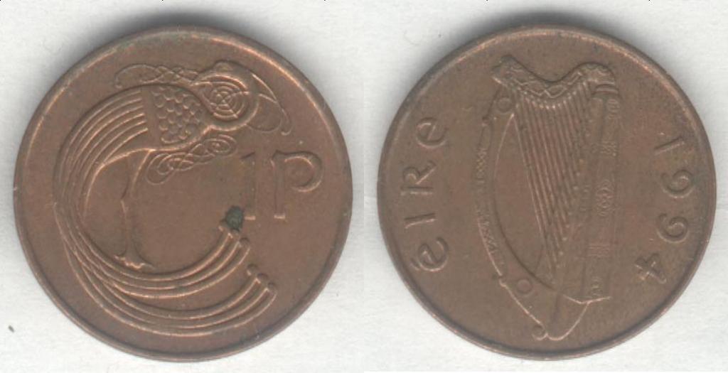 Монета Ирландия 1 пенни 1994 г. XF, магнитная